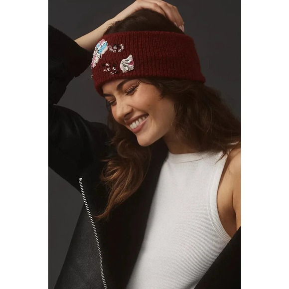NWT By Anthropologie Embellished Headband Ear Warmer Wine - Picture 2 of 10